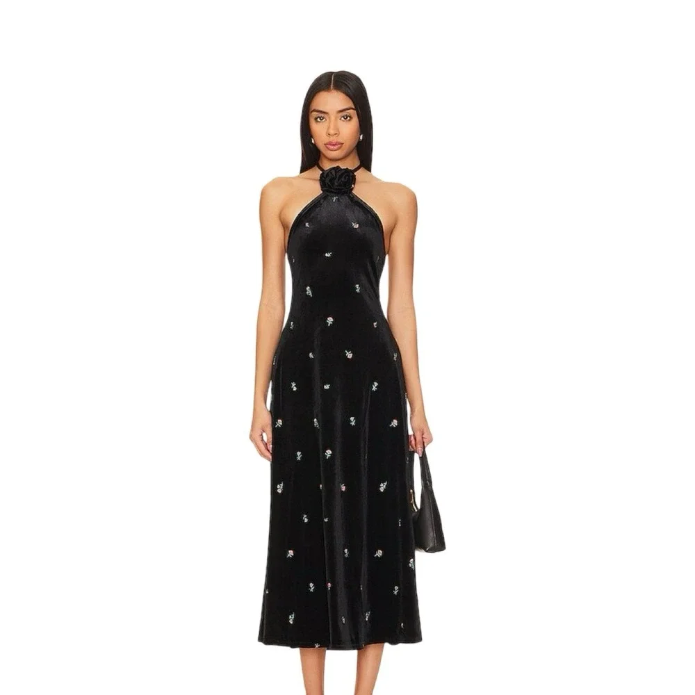WeWoreWhat Black High Neck Flower Emboidered‎ Velvet Dress Size XS ($168)